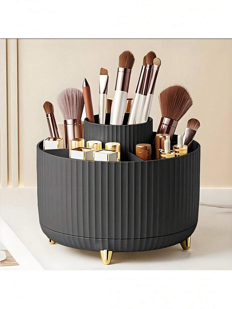 Aesthetic Swivel Makeup Organizer - Double Layer Clear Plastic With Brush Holders