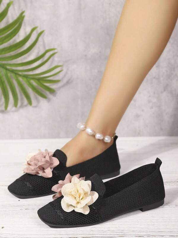 Nuovi mocassini con stampa floreale e suola morbida per donne taglia curvy, scarpe in tessuto lavorato a maglia con punta quadrata versatili