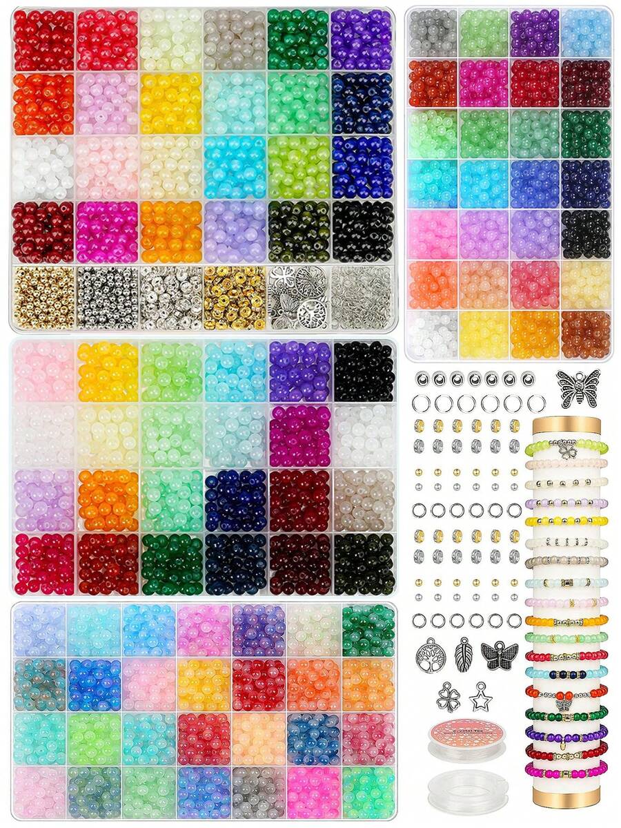 Glass Beads Kit, Mix Colors Glass Round Beads Kit For Jewelry Making, DIY Friendship Bracelet Necklace Earrings Crafts Gifts, Dual Colorful Crack Beads