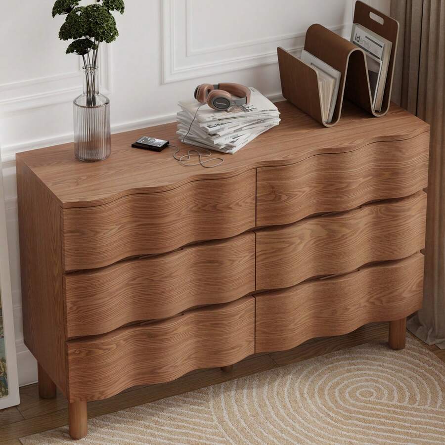 COZAYH Modern Chest With Curved Front Panel, Rustic Nightstand Dresser In Natural Wood Finish For Living Room, Bedroom - Tủ quần áo 6 ngăn kéo màu nâu - Xem 1