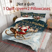 Decorațiuni de Crăciun, set de lenjerie de pat cu husă de pilotă, 2/3 buc, cu imprimeu de Moș Crăciun și reni, roșu, verde și auriu, set de pilotă, cu 1 husă de pilotă și 2 fețe de pernă, cuvertură de pat king-size, cearșaf de pat, poliester moale, prietenos cu pielea, lavabil la mașină, curățare chimică. Este potrivit pentru decorarea casei și a dormitorului, decorul camerei, decorul dormitorului, articole de decorare a camerei, set de pilotă queen-size, este un cadou bun de ziua de naștere.