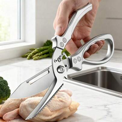 Heavy-Duty Kitchen Shears For Cutting Bones & Poultry | 410 Stainless Steel Construction With Automatic Spring-Loaded Mechanism | Ergonomic Non-Slip Handles For Comfortable Grip | Multi-Purpose Food Scissors For Vegetables, Herbs, Meat & Fish | Essential Cooking Tool For Home Chefs & Professional Kitchens