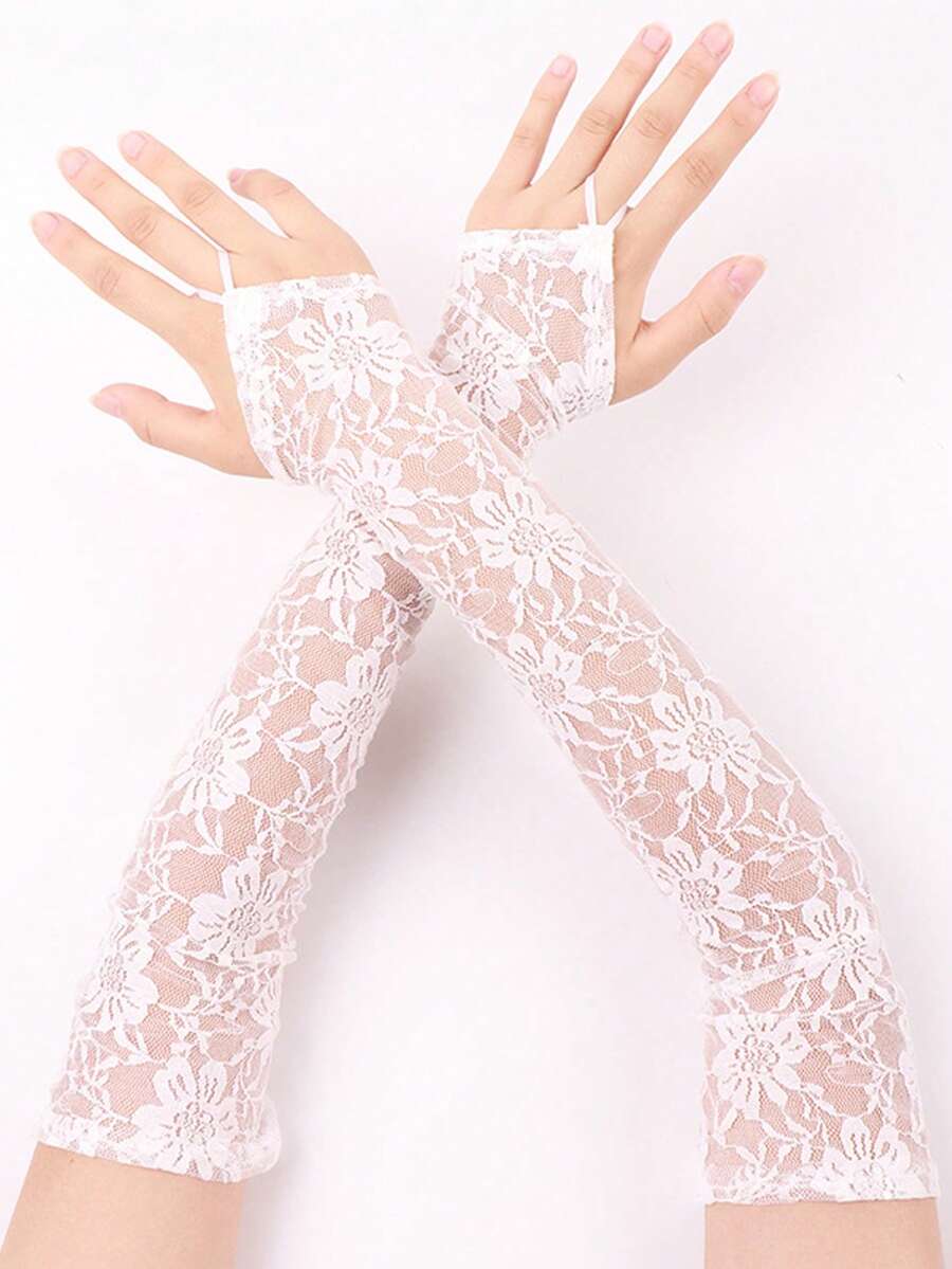 1 Pair Lace Fingerless Long Arm Sleeves, Breathable, UV Protection, Stretchy, Sexy, Cover Scars & Tattoos, Suitable For Driving - White - View 1