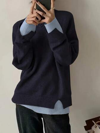 Loose Fit Crew Neck Patchwork Color Sweater, Fashionable Women Pullover Top
