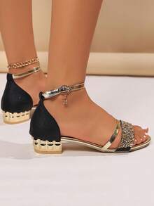 Girls' Sparkling Crystal Flat Sandals, Fashion Buckle Open Toe Casual Party Sexy Glitter Chunky Heel Gold Sandals For Teenagers - Black - View 3