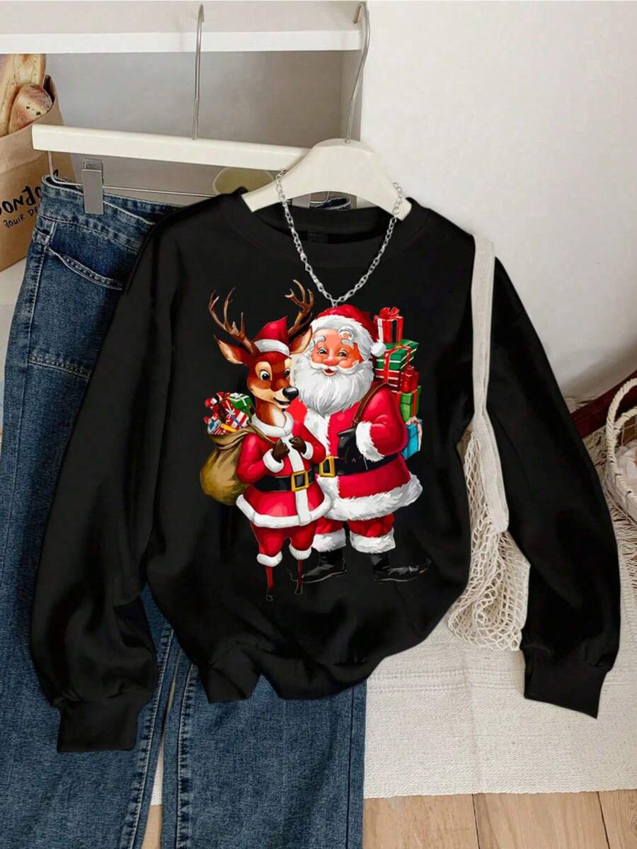 Sudadera navideña con estampado de Santa y reno – moderna, festiva y cómoda para mujer - Negro - Ver 1