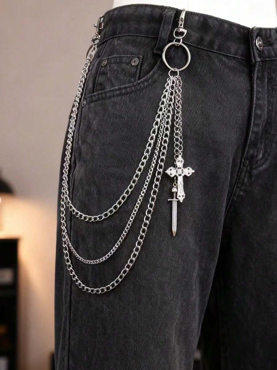 1pc Medieval Style Metal Cross Sword Multi-Layer Men's Waist Chain, Suitable For Daily Wear, Music Festivals, Parties, Birthday Gifts
