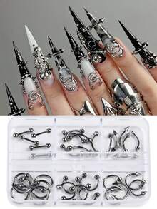 6 Grids Nose Nail Rivets Metal Tip Cone Punk Style Y2K Charms Set Metal Alloy Black Mixed Arrow Nail Jewelry Decorration 3D Nail Art Supplies For Nail Lovers 30pcs/Box
