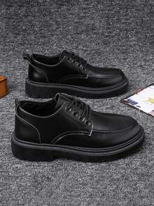 1 Pair Men's Autumn Low-Top Casual Black Leather Shoes, Versatile Comfortable Soft Sole Fashion Lace-Up Oxford Shoes, British Style All Season - Black - View 12