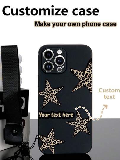 1 Stück anpassbares schwarzes TPU Handyhülle mit Leopardenmuster, Sternenmuster, stoßfest + 1 Stück schwarzer Handgelenksriemen, kompatibel mit Apple/Android///OPPO Handys