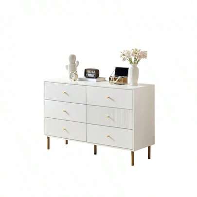 Modern White 6-Drawer Chest With Zinc Alloy Handles And Steel Legs, 120 X 40 X 78 Cm MDF Cabinet, Ideal For Bedroom, Living Room And Entrance.