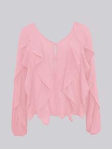 Blouse  en mousseline de soie à col en V élégant, volants à l'ourlet asymétrique et boutons, manches longues, rose - Rose bonbon - Voir 8