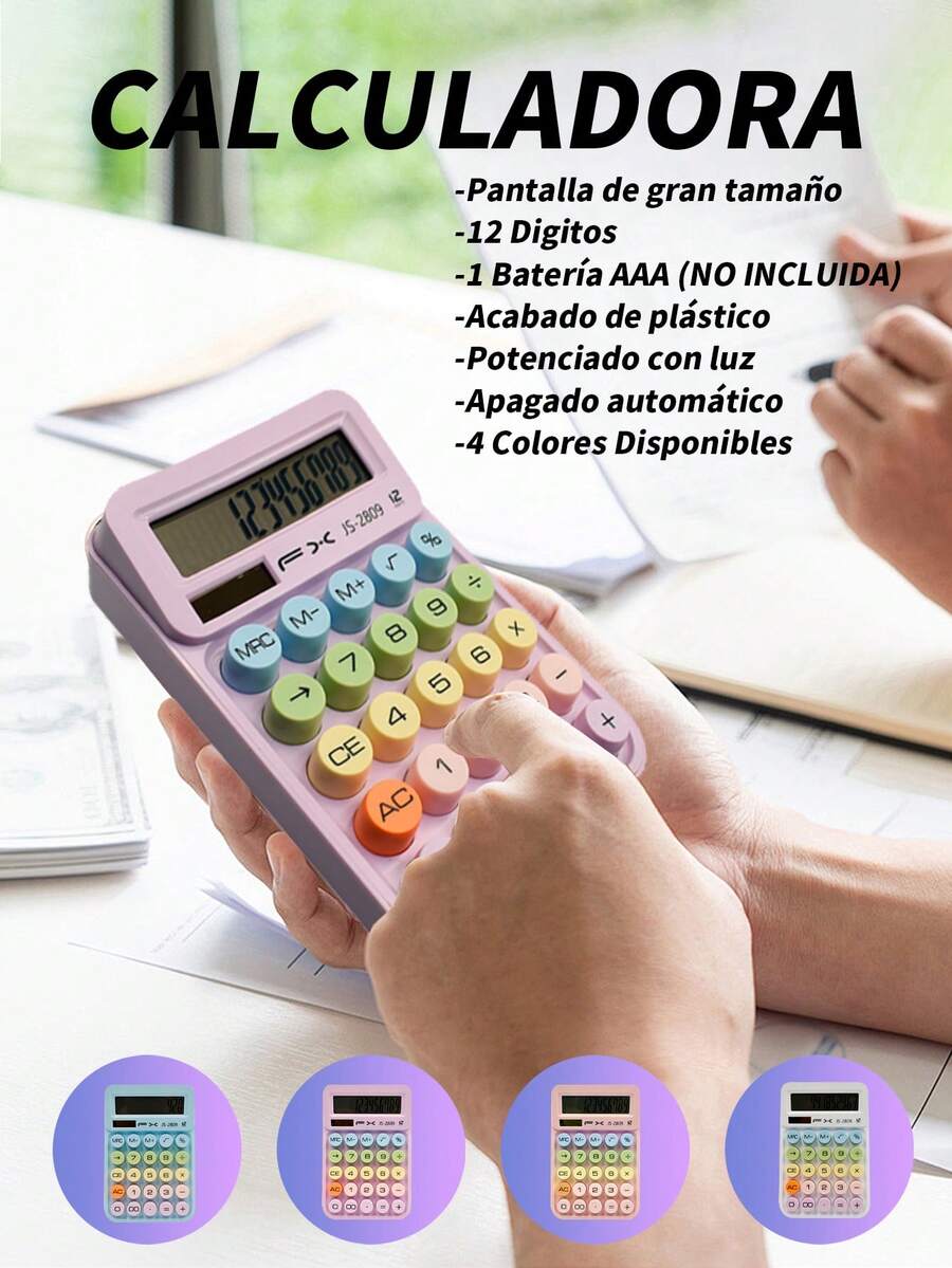 Calculadora De Escritorio Solar Portatil Material Escolar, con pantalla LCD grande, Calculadora con pantalla LCD grande de 12 dígitos,doble alimentación solar y batería, calculadora con botones grandes empotrados para oficina, hogar y escuela. - JS-2809 - Ver 1