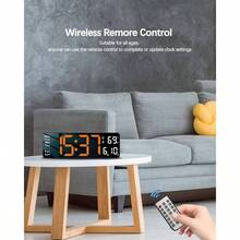 Reloj de pared digital u2013 visualizacin de 13 pulgadas, alarma, control remoto, hora automtica de ahorro de luz diurna, brillo, fecha, semana, temporizador, temperatura, 1224 horas, para sala de estar, recmara naranja - naranja - Ver 4