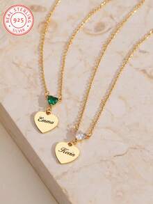 1pc 925 Personalised Heart-Shaped Name Necklace In Sterling Silver With Birthstone, Laser-Engraved With Your Name. Family Birthstone Necklace, Letter Pendant Necklace, Engraved Jewellery, Christmas Gift For Her. - Yellow Gold - View 3