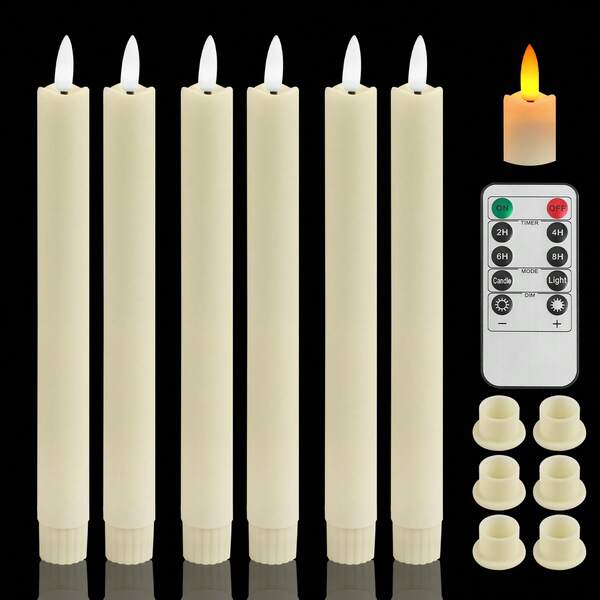6 Pacote de Velas Sem Chama Longas com Controle Remoto e Timer - Luzes Cintilantes de LED com Efeito de Cera Escorrendo para Decoração de Casa de Natal, Velas Sem Fumaça Alimentadas por Bateria, Luzes de Corda para Uso Externo