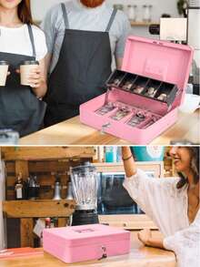 Key And Lock , Cash Register With 4 Bill Trays And 5 Coin Compartments,  For Storing Cash - Pink - View 2