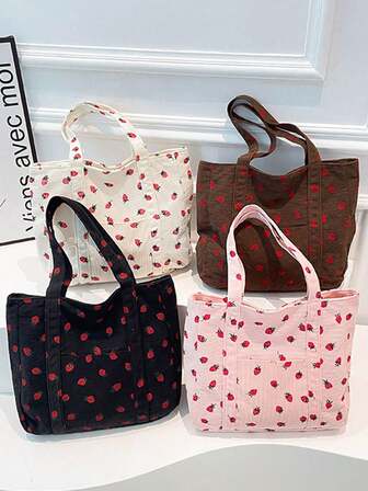 Adorable Strawberry Pattern Flannel Tote Bag - Large Capacity Women's Fashion Shopping Bag With Adjustable Strap, Open Top Design In White With Red Strawberries - Casual Everyday Handbag, Travel Tote | Lightweight Carryall, Suitable For Shopping, Gifting To Friends And Classmates, Valentine's Day Gifts, And Matching With Clothes