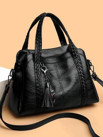 Ny PU-läderväska för kvinnor, retrostil, tofsdekor, moderiktig axelväska med dragkedja och avtagbar rem, lämplig för arbete och resor