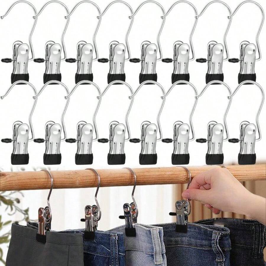 16 Counts Boot Hangers For Closet, Premium Anti-Rust Metal Hanging Hook Clips, Multi Function Clips For Home And Travel, Clothespins Clip Hangers For Pants Hats Socks Gloves Towels Organiser 16Pcs - 黑色 - 查看 1