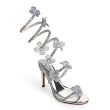 Glamorous Women's  Metallic Silver Flowers Open Toe Rhinestone Ankle Spiral Stiletto Holiday Party Heel Shoe - Silver - View 2