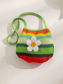 Baby GirlCasual Vacation Style, Fashionable Sweet Cute, Floral Striped Strap Romper With Bag - Green - View 7