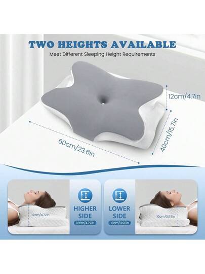 Memory Foam Pillow, Neck Support Ergonomic Kussen Side, Back Stomach Sleepers, Contoured Bed Breathable Cover, White/Grey view 2