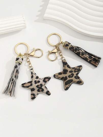 1 pieza Llavero DIY hecho a mano con estampado de leopardo PU, borlas y estrella de pentágono, llavero de cuero con estrella, regalo creativo para amante, amigo, novia, vacaciones, festival, teléfono móvil, accesorios de coche, pequeño regalo para eventos