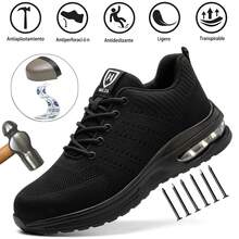 Zapatos de para Trabajo Antideslizantes con Punta de Acero y Resistencia al Agujero para Hombres, Zapatos de protección laboral para mujer,Zapatos de Laboral Resistentes al Desgaste con Suela Suave y Absorción de Impactos, Con Cordones  Zapatos De Calzado de laboral antigolpes, antipuñaladas y transpirable e Fibra De Kevlar De Acero Ligero Granja y Jardín Reparación de Autos Ingeniero Almacén - Negro - Ver 1