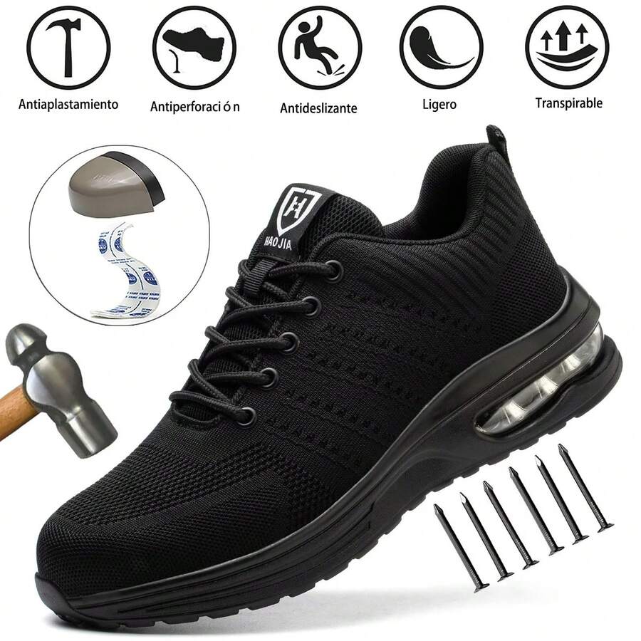 Zapatos de para Trabajo Antideslizantes con Punta de Acero y Resistencia al Agujero para Hombres, Zapatos de protección laboral para mujer,Zapatos de Laboral Resistentes al Desgaste con Suela Suave y Absorción de Impactos, Con Cordones  Zapatos De Calzado de laboral antigolpes, antipuñaladas y transpirable e Fibra De Kevlar De Acero Ligero Granja y Jardín Reparación de Autos Ingeniero Almacén - Negro - Ver 1