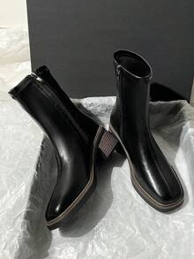 棕色过膝粗跟靴，黑色经典百搭过膝长靴，女式中筒马术靴，秋冬新品 - 黑色 - 查看 3