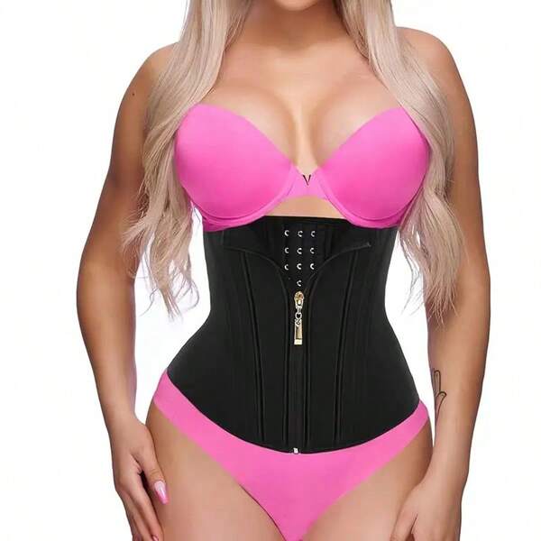 1pc Women'S High-Elasticity Waist Trainer With Zipper & Button Closure - Black Tummy Control Shapewear For Posture Support, Breathable & Reinforced Design, Hand Wash Only, Comfortable Daily Wear, Sleek Appearance, Durable Fabric