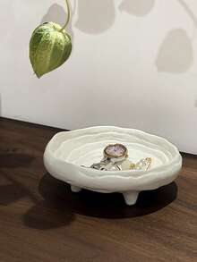 1pc Scandinavian Ceramic Trinket Tray, Jewelry Ring Earring Holder Dish, Round Textured Ceramic Plate For Tabletop Display, Entryway Key Holder, Candle Holder, Suitable For Living Room, Entryway, Jewelry Storage - White - View 9