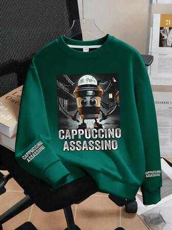 Jungen Schulanfang Cartoon Kaffeetasse Charakterdruck Rundhals Pullover Sweatshirt - Weich, maschinenwaschbar, vielseitig - Herbst Winter Lässig Outfits (Kinder Mode Grundlage, Halloween)