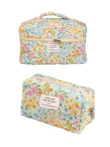 1 Piece/Set Floral Pattern Multi-Functional Cosmetic Storage Wallet Pouch, Portable Makeup Brush Storage Bag With Zipper Closure. It Can Hold Lipsticks, Brushes, Skincare Products, Mobile Phones, Coins And Small Items, Suitable For Home, Travel, Vacation And School Use.