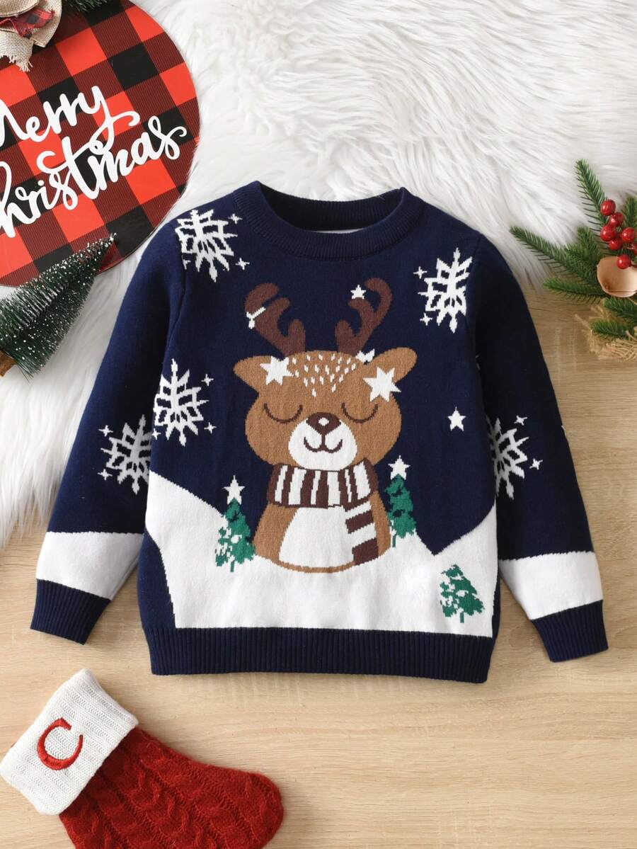 Young BoyGirls Christmas Snowman Pullover Sweater, Suitable For Spring, Autumn, Winter - Navy Blue - View 1