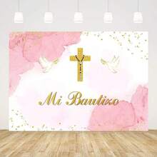 D7x5ft Mi Bautizo Backdrop For Girls Baptism Christening First Holy Communion Photography Background Watercolor Pink Gold  God Bl Newborn Baby Shower Party Decorations Banner Photo Props - Hồng - Xem 2