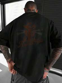 Playera algodón deportiva casual de hombre,  Camiseta de estilo hip-hop urbano , manga corta de corte holgado, bicolor blanco y negro, top casual transpirable de moda, ropa casual Camiseta divertida Moda de verano. - Negro (parte posterior) - Ver 1