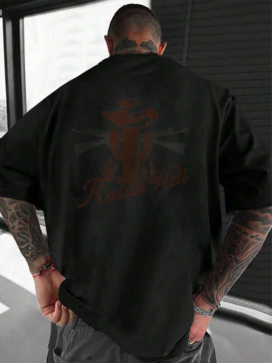Playera algodón deportiva casual de hombre, Camiseta de estilo hip-hop urbano , manga corta de corte holgado, bicolor blanco y negro, top casual transpirable de moda, ropa casual Camiseta divertida Moda de verano. - Negro (parte posterior) - Ver 1
