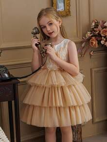 Young Girl 3D Floral Decor Tulle Princess Party Dress, Elegant Girls Birthday Party Wedding Flower Girl Holiday Celebration Outfit - Champagne - View 5