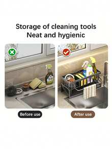 Kitchen Sink Organizer Rack With Integrated Sponge Holder - Black Space-Saving Countertop Storage Rack, Available In 2 Materials And 3 Colors, Sink Drainer Rack To Hold Sponges, Brushes Etc. - Compact Kitchen Organizer Rack For Small Spaces, Sink Organizer Rack, Sink Organizer Rack With Towel Bar, Kitchen Organizer Rack, Sink Accessories Organizer Rack, Kitchen Sink Storage Rack