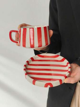 1 Set Red Ceramic Coffee Cup & Saucer, Nordic Style Ceramic Cup & Saucer, Household Breakfast Milk Cup, Water Cup, Party Afternoon Tea Cup & Saucer, Office Water Cup, Gift Cup