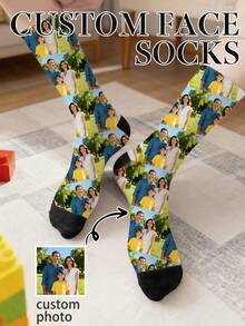 1 Pair Of Personalized Men's Mid-Calf Socks With Customizable Photos, Custom-Made Socks, Photo-Printed Men's Casual Socks, Perfect For Home, Festivals, And Gift-Giving On Various Occasions, Available In Multiple Colors - Multicolor - View 1