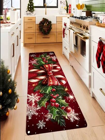 1 szt./2 szt. Duża bordowa mata świąteczna z wzorem laski cukrowej i jagód ostrokrzewu, mata podłogowa, antypoślizgowa i łatwa w czyszczeniu, dekoracyjna mata podłogowa do sypialni, dekoracja świąteczna, estetyczny wystrój pokoju, artykuły artystyczne, wystrój domu, upominki na imprezę