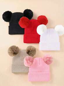1 pieza Gorro de punto cálido de otoño/invierno con diseño lindo de doble bola esponjosa, gorro adecuado para bebés recién nacidos.