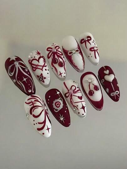 24pcs Medium Almond Press On Nails Red Nails 3D Cherry & Bowknot & Heart With Pearls And Rhinestone Design Sweet Style Glossy Full Cover For Women Girls Fake Nails Daily Dating Party Fall Winter