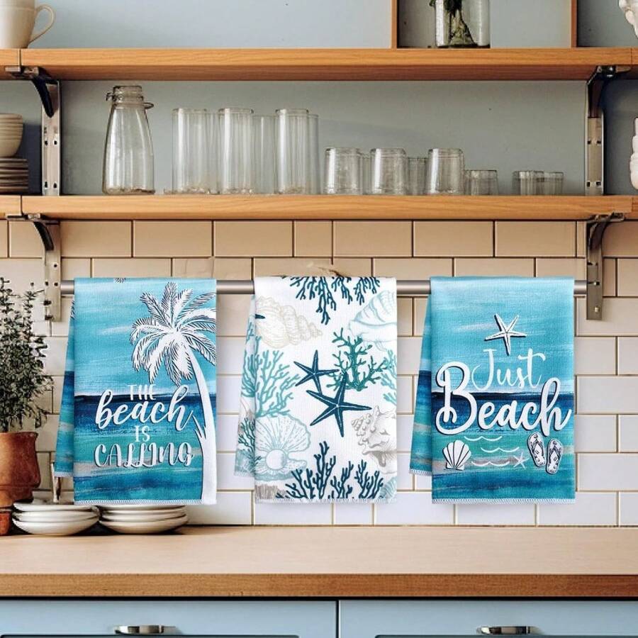 Summer Beac Coastal Ocean Kitchen Dis Towels - 18x26 Inc Absorbent Polyester Towels Wit Vibrant Beach-Themed Designs (Starfis Seashells Palm Trees) For Bathroom & Kitchen Decor Machine Washable Beac Theme Decor Dis Towels For Kitchen Bathroom Essent - 白色 - 查看 1