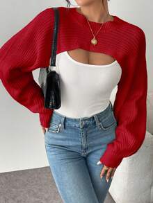 不对称下摆纯色罗纹针织套头衫 - 紅色 - 查看 4
