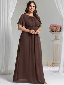 EVERPRETTY Đầm phù dâu cỡ lớn màu nâu cà phê thanh lịch, chất liệu chiffon, cổ tròn, tay bồng, thích hợp cho khách dự tiệc cưới mùa xuân hè, hoặc dành cho mẹ cô dâu. - màu nâu - Xem 5