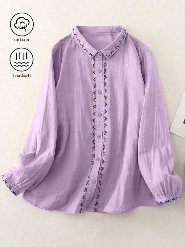 Women's Vintage Embroidered Collar Casual Long Sleeve Plus Size Blouse, Fall Clothes For Women, Autumn Clothes